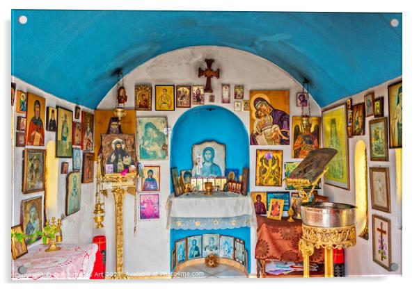 Chania Crete. Interior of blue orthodox chapel Acrylic by Delphimages Art