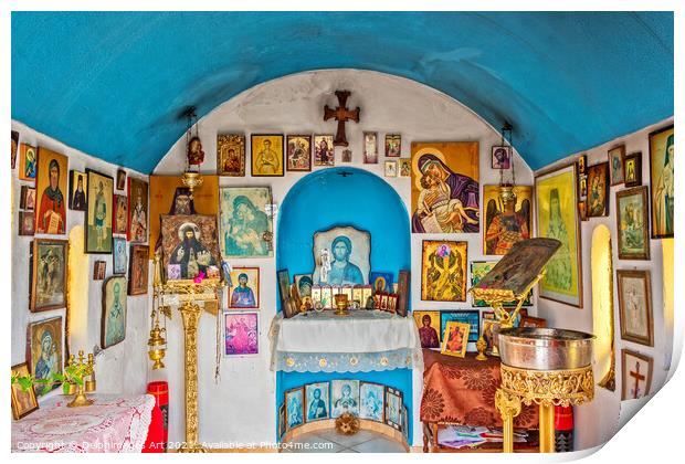 Chania Crete. Interior of blue orthodox chapel Print by Delphimages Art