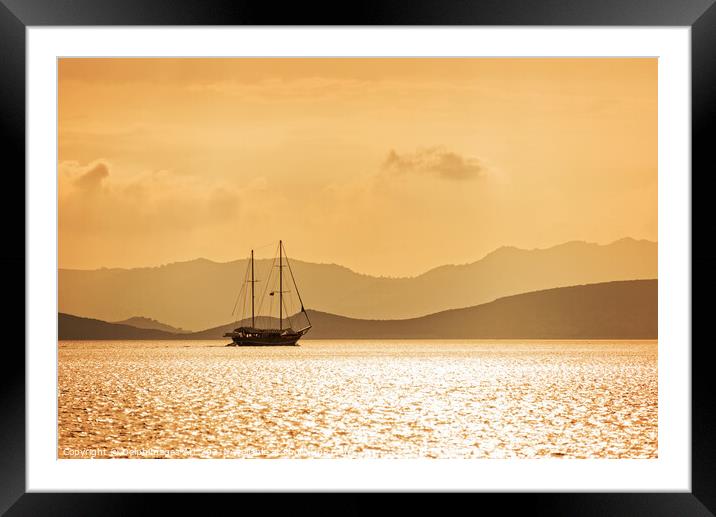 Sailing boat in gold at sunset Framed Mounted Print by Delphimages Art