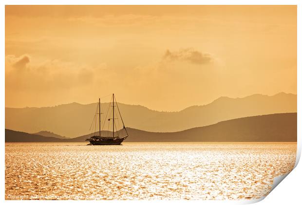 Sailing boat in gold at sunset Print by Delphimages Art