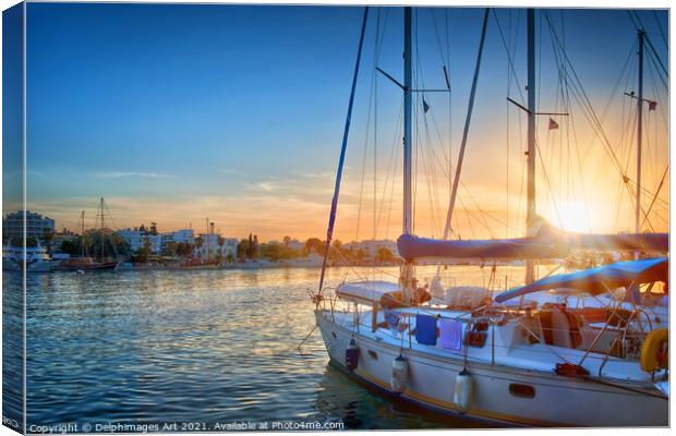 Sailing boat in the harbour of Kos at sunset, Greece Canvas Print by Delphimages Art
