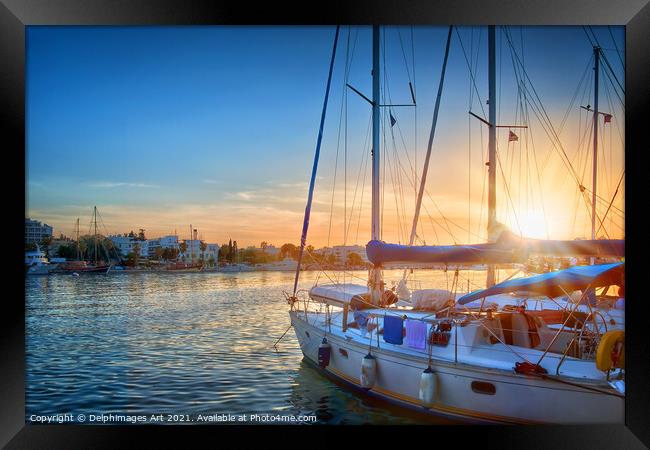 Sailing boat in the harbour of Kos at sunset, Greece Framed Print by Delphimages Art