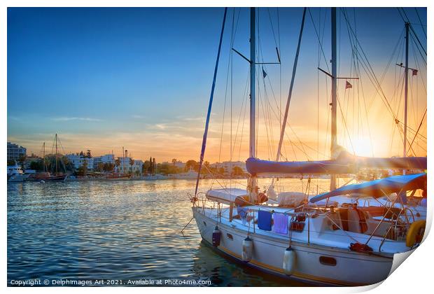 Sailing boat in the harbour of Kos at sunset, Greece Print by Delphimages Art