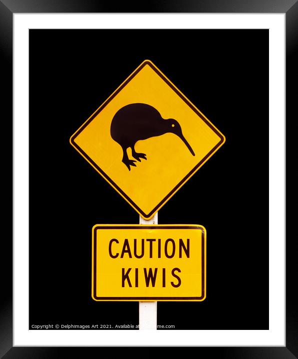 Caution kiwis, New Zealand road sign Framed Mounted Print by Delphimages Art