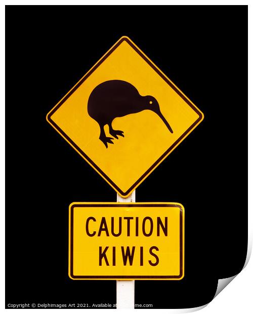 Caution kiwis, New Zealand road sign Print by Delphimages Art