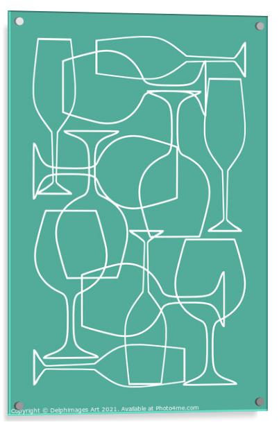 Wine glasses teal abstract. Modern mid century Acrylic by Delphimages Art
