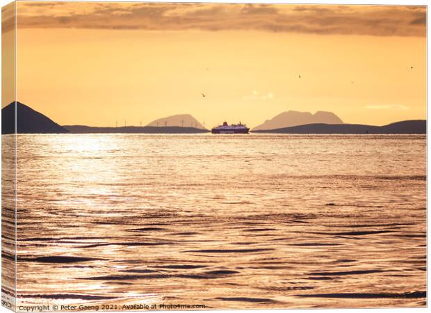 Isle of Jura sunset with isle of Arran ferry  Canvas Print by Peter Gaeng