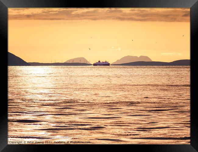 Isle of Jura sunset with isle of Arran ferry  Framed Print by Peter Gaeng