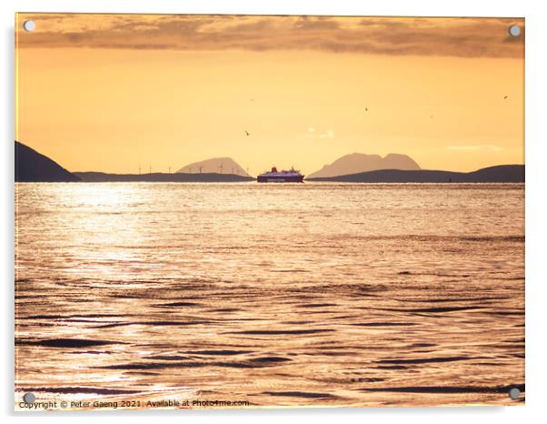 Isle of Jura sunset with isle of Arran ferry  Acrylic by Peter Gaeng