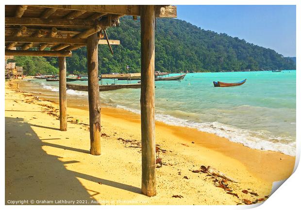 Thailand beach & fishing boats Print by Graham Lathbury