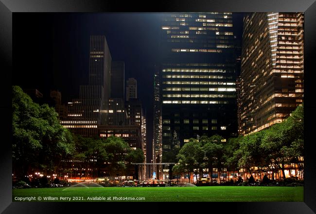 Bryant Park New York City Skyline  Night Framed Print by William Perry