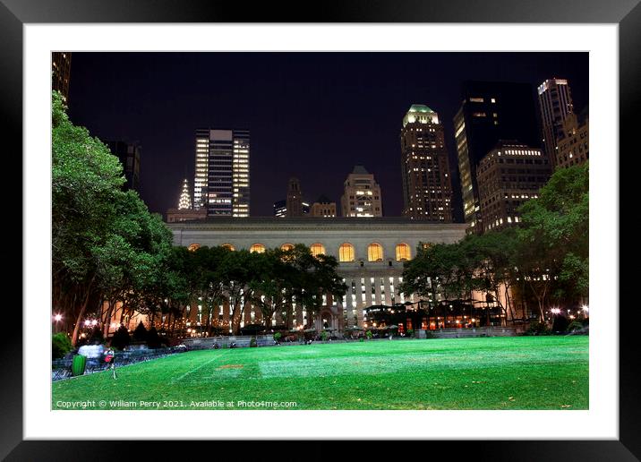 Bryant Park New York City Skyline  Night Framed Mounted Print by William Perry