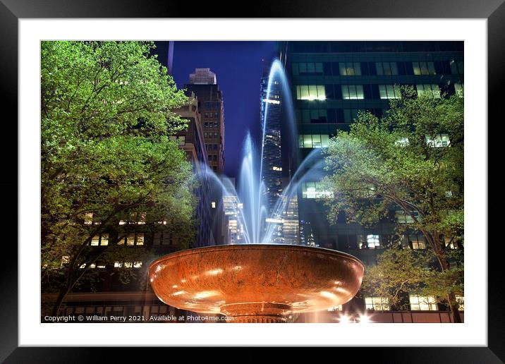 Fountain Bryant Park New York City Night Framed Mounted Print by William Perry