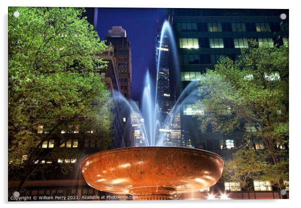 Fountain Bryant Park New York City Night Acrylic by William Perry
