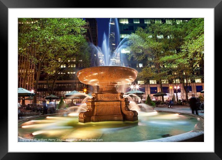 Fountain Bryant Park New York City Night Framed Mounted Print by William Perry