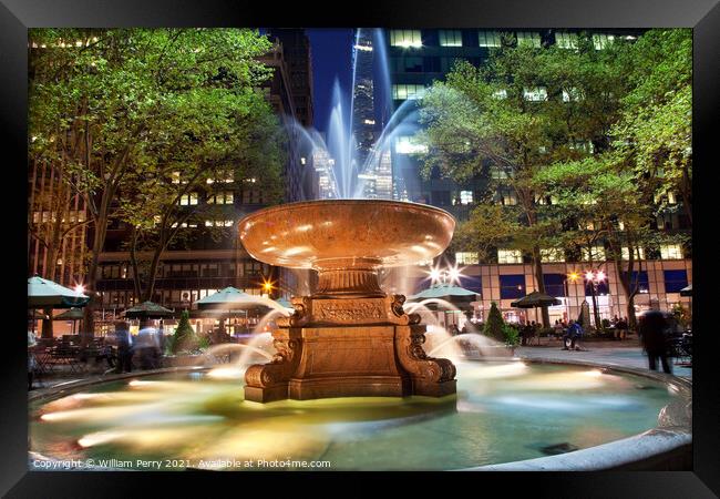 Fountain Bryant Park New York City Night Framed Print by William Perry