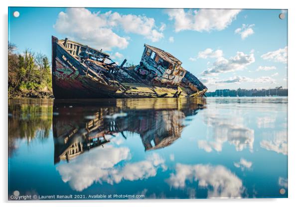 Wreck of a wooden fishing boat in the clouds Acrylic by Laurent Renault