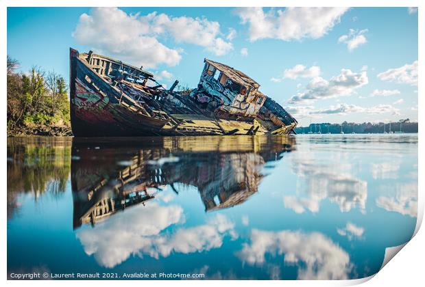 Wreck of a wooden fishing boat in the clouds Print by Laurent Renault