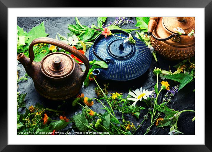 Teapot with fresh medicinal herbs Framed Mounted Print by Mykola Lunov Mykola