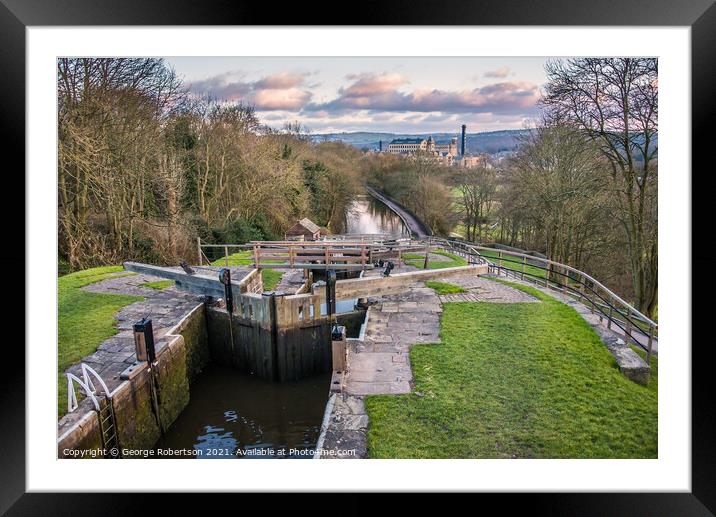 Five Rise Locks at the canal in Bingley Framed Mounted Print by George Robertson