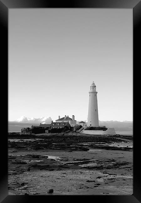 St Mary`s Lighthouse b&w. Framed Print by Northeast Images