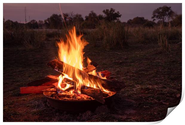 Camp Fire Burning in African Savanna at the Okavango, Africa Print by Dietmar Rauscher
