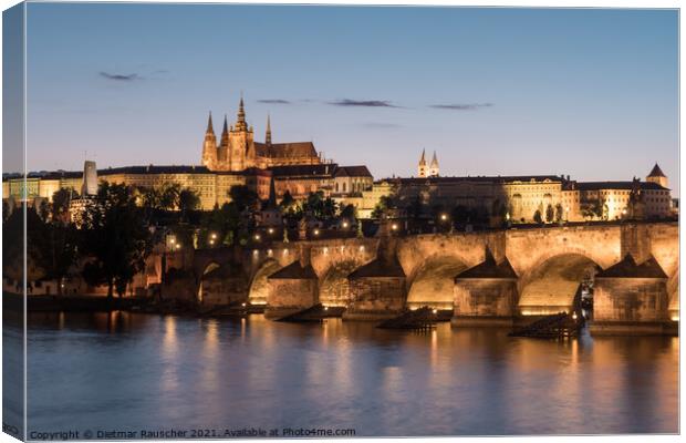 Charles Bridge in Prague at Night and  St Vitus Cathedral Canvas Print by Dietmar Rauscher