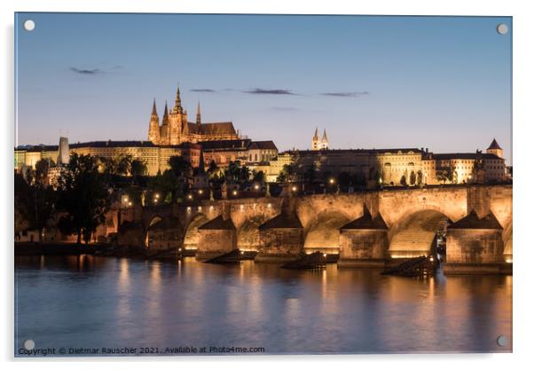 Charles Bridge in Prague at Night and  St Vitus Cathedral Acrylic by Dietmar Rauscher