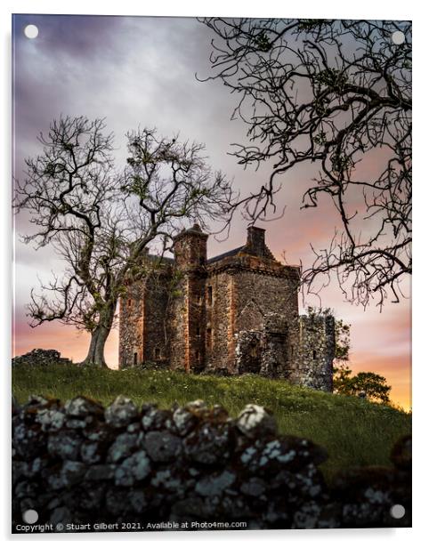 Balvaird Castle Sunset Acrylic by Stuart Gilbert
