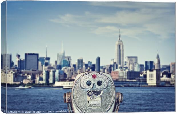 New York. Manhattan skyline and vintage binoculars Canvas Print by Delphimages Art