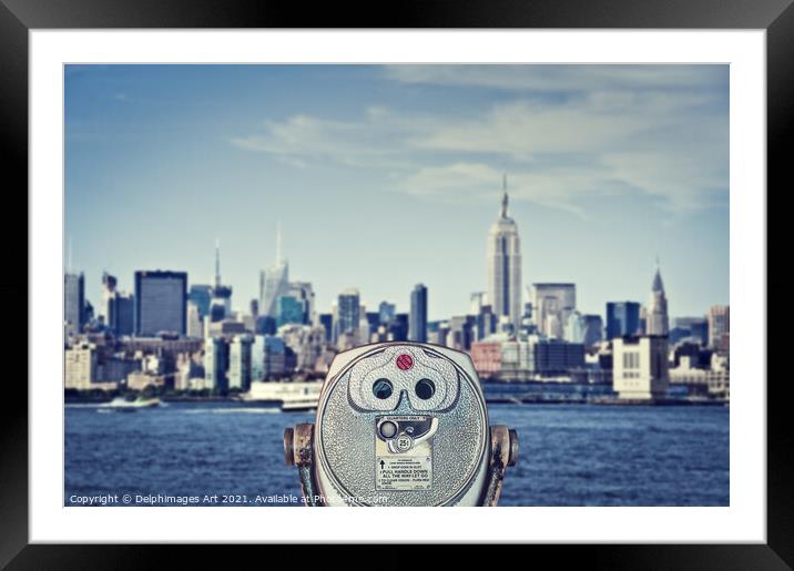 New York. Manhattan skyline and vintage binoculars Framed Mounted Print by Delphimages Art