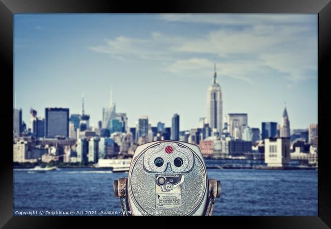 New York. Manhattan skyline and vintage binoculars Framed Print by Delphimages Art