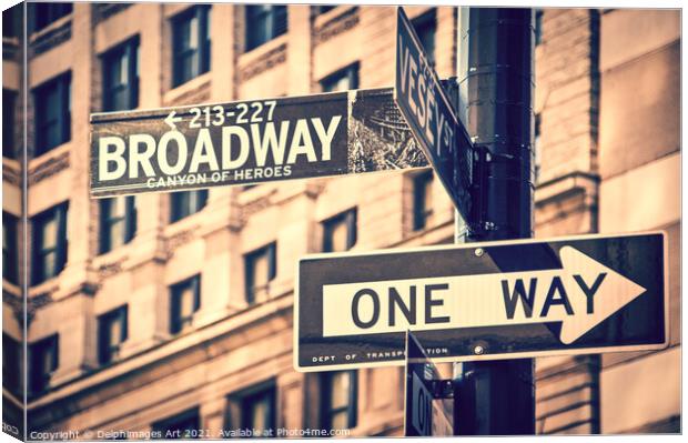 New York. Broadway direction road sign Canvas Print by Delphimages Art