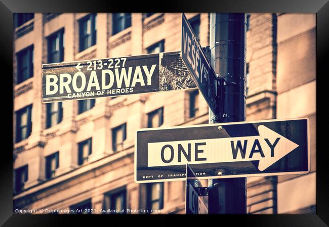 New York. Broadway direction road sign Framed Print by Delphimages Art