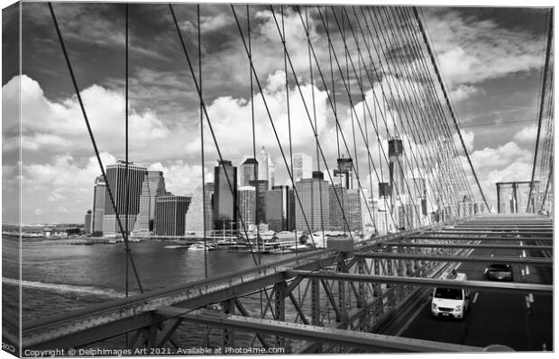 New York Manhattan skyline from Brooklyn bridge Canvas Print by Delphimages Art