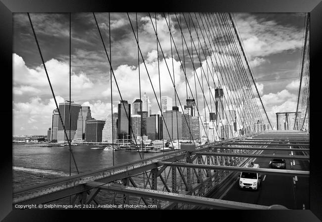 New York Manhattan skyline from Brooklyn bridge Framed Print by Delphimages Art