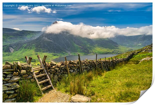 Tryfan Mountain And Llyn Ogwen Snowdonia  Print by Adrian Evans