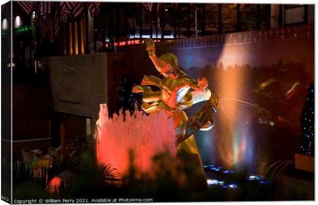 Prometheus Statue Rockefeller Center New York City at Night Canvas Print by William Perry
