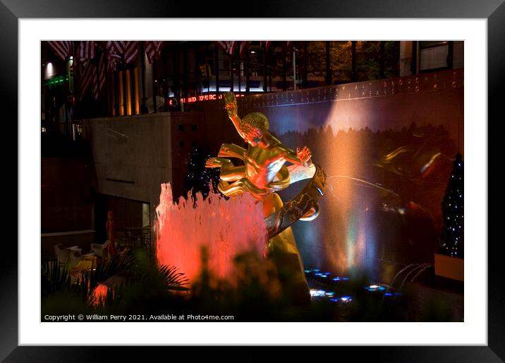 Prometheus Statue Rockefeller Center New York City at Night Framed Mounted Print by William Perry