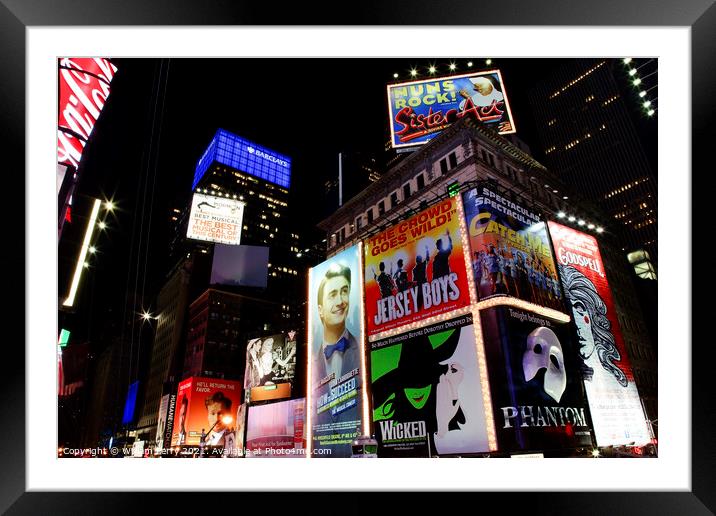 Times Square Lightshow  New York City Skyline  Night Framed Mounted Print by William Perry