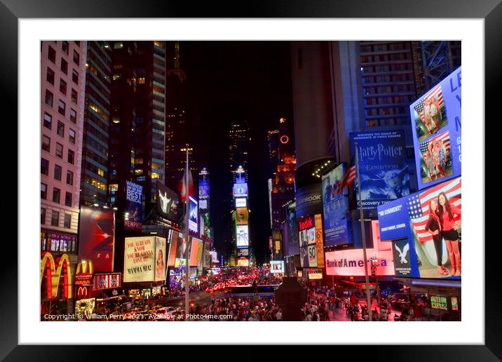 Times Square Lightshow  People Cars New York City Skyline  Night Framed Mounted Print by William Perry