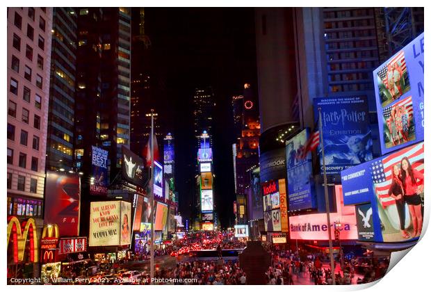 Times Square Lightshow  People Cars New York City Skyline  Night Print by William Perry