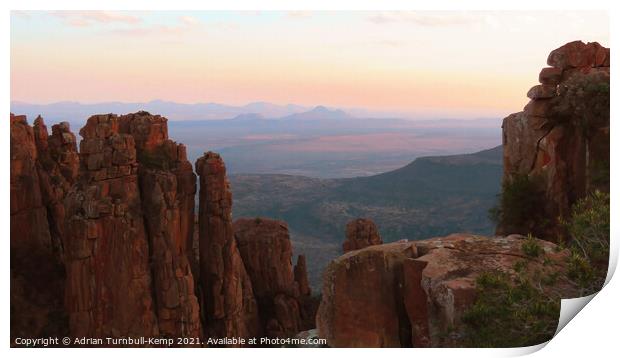 Dolerite columns and Valley of Desolation at dusk Print by Adrian Turnbull-Kemp