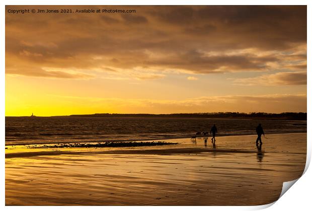 Dog walkers on the beach at sunrise Print by Jim Jones