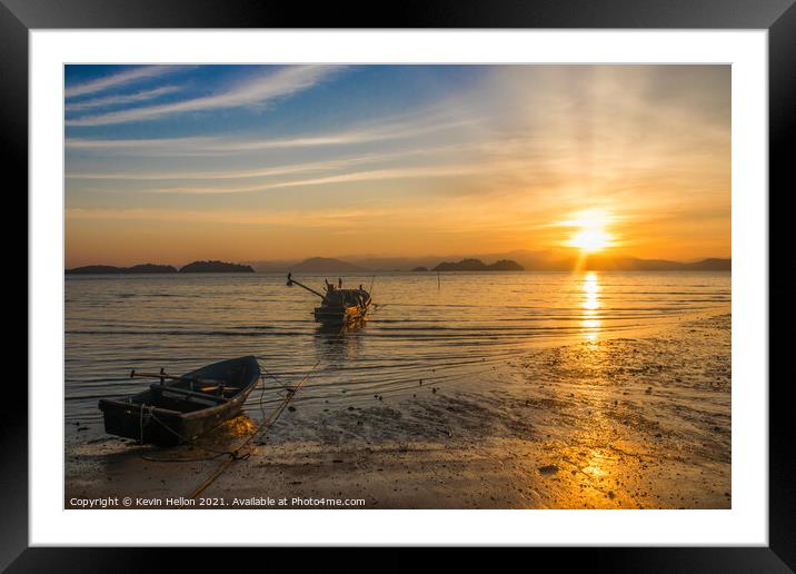 Boats at sunrise, Koh Phayam, Thailand Framed Mounted Print by Kevin Hellon
