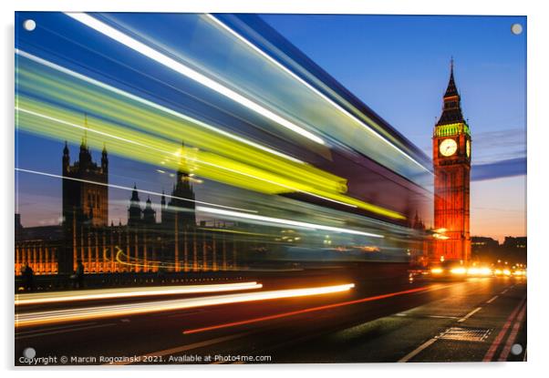 Light trails left by double decker bus passing by Big Ben in London UK Acrylic by Marcin Rogozinski