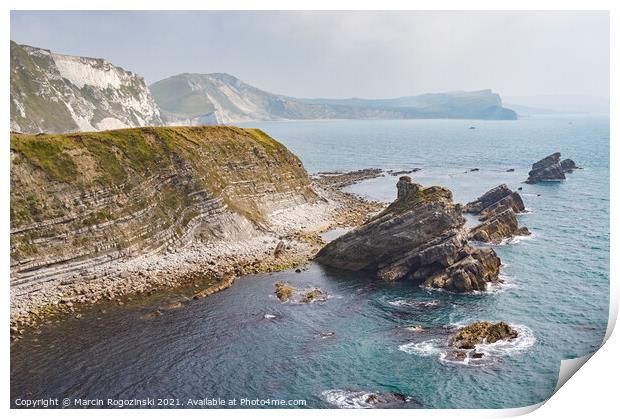 Sea stacks at Mupe Bay near Lulworth in Dorset England United Kingdom UK Print by Marcin Rogozinski