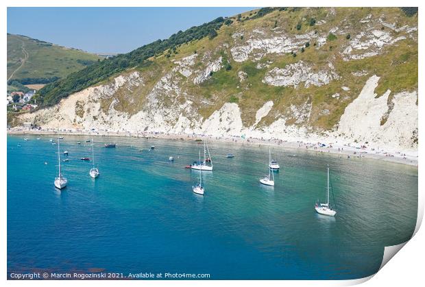 Sailboats in Lulworth Cove Dorset England United Kingdom UK Print by Marcin Rogozinski