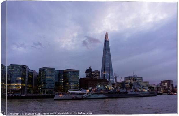 The Shard skyscraper on South Bank of River Thames at dusk in London Canvas Print by Marcin Rogozinski