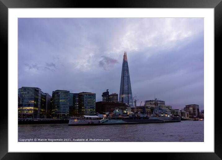 The Shard skyscraper on South Bank of River Thames at dusk in London Framed Mounted Print by Marcin Rogozinski